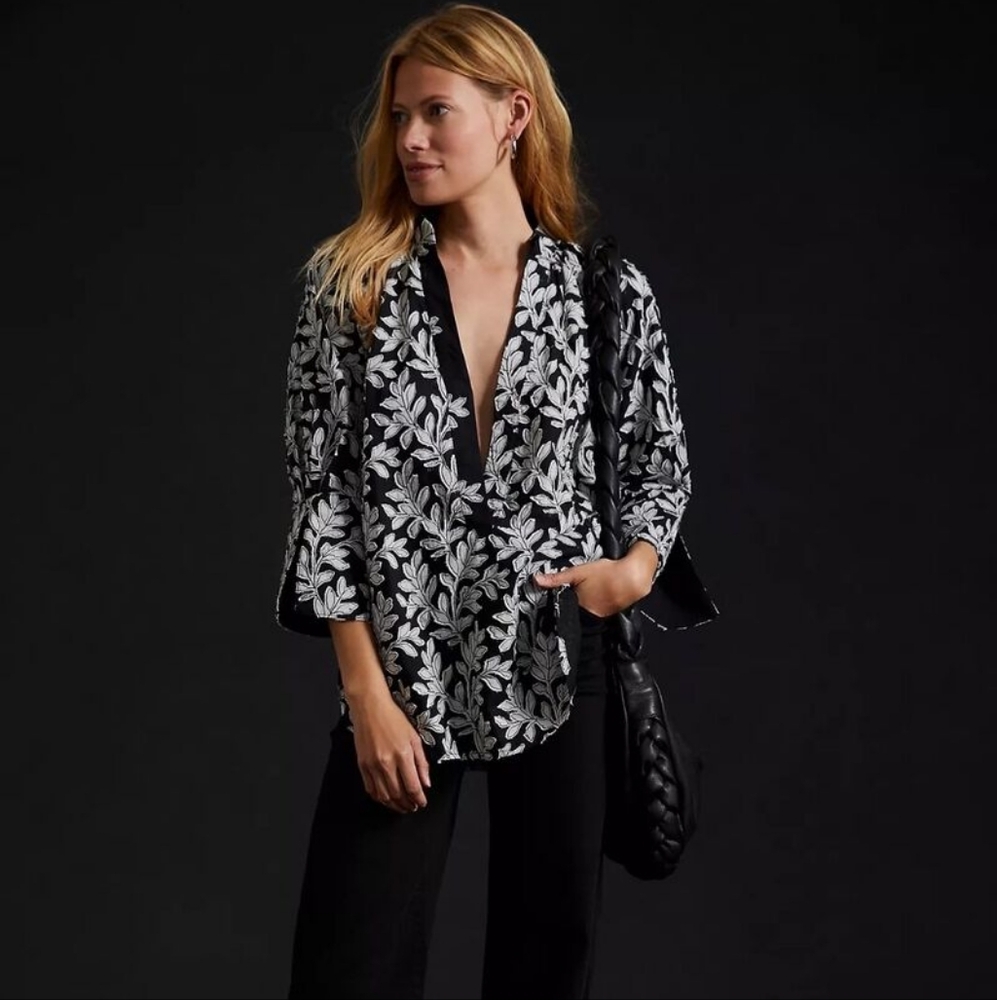 Anthropologie Popover Blouse Black/White Leaf XXS NWOT